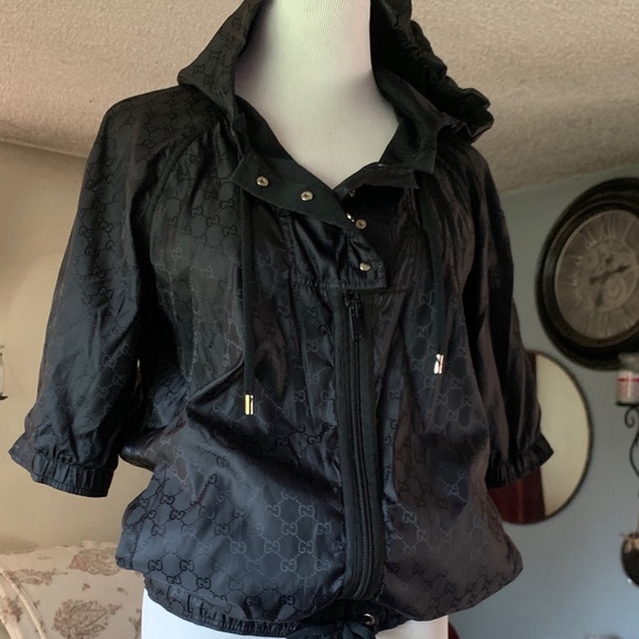 Gucci Jackets & Blazers - Vintage Gucci Black Bomber Jacket with Hoodie and 2009 Logo Pattern